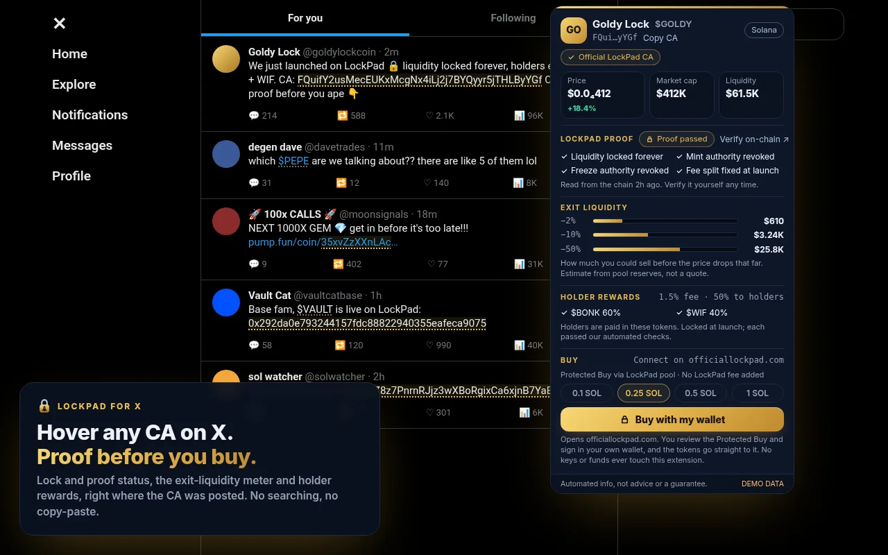 LockPad for X card on an X post: price, LockPad proof, exit liquidity and holder rewards
